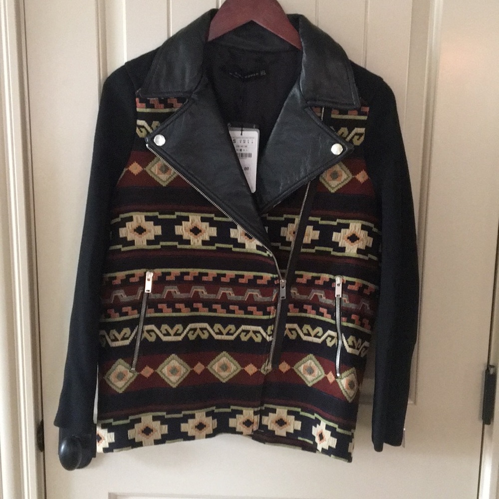 Zara Leather & Aztec Print Moto Jacket NWT